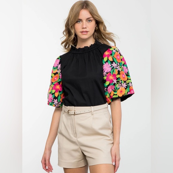 THML Tops - THML Anthropologie Floral Embroidered Puff Sleeve Top